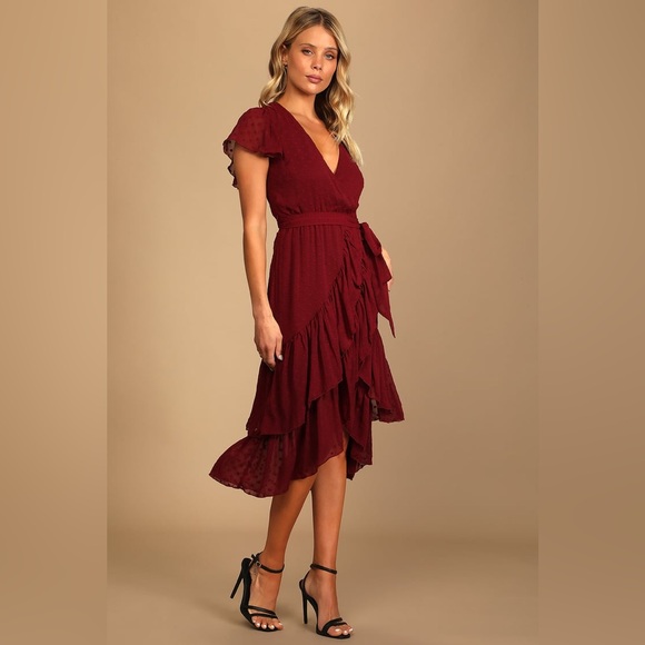 NWT Lulus Have Harmony Burgundy Swiss Dot Ruffled Faux Wrap Midi Dress Medium - Picture 2 of 13